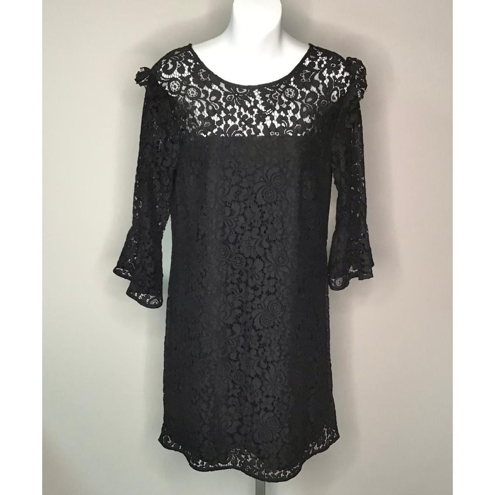 Ann Taylor‎ Black Floral Lace Shift Dress Ruffle Bell Sleeve Boho Whimsy Cowgirl